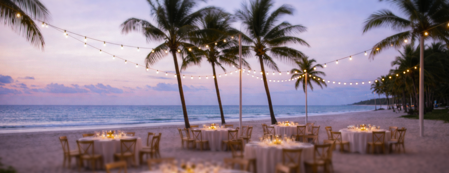 Elegant beach dinner setup with string lights and palm trees in Miami Beach