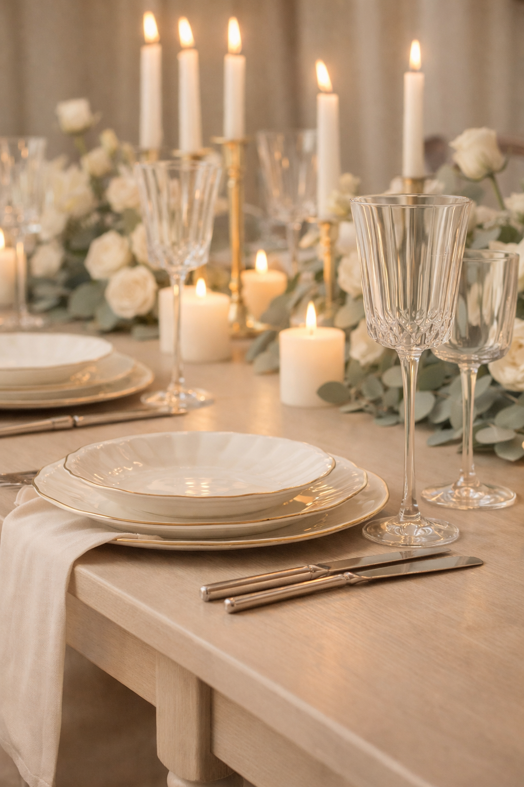 Elegant tableware with candles and crystal glasses
